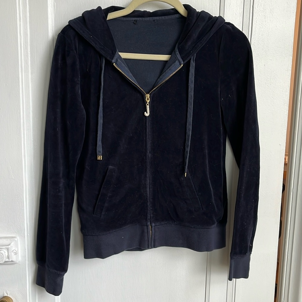 Juicy Couture small navy zip up hoodie sweater rhinestone zip